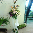 Condolences Floral Arrangement with 2 Hydrangeas, 5 Bird of Paradise, 10 Chrysanthemum (Ping Pong) & 5 Dendrobium