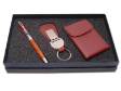 PEN SET 09 -Wooden Pewter Roller Pen, Leather Keychain, Stitch Name Card Case #Brown