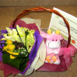 Floral Basket Arrangements with 6 roses, 1 Lily & Little Ziraffe