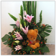 Floral Basket Arrangements with 3 Stargazer Lilies, Fox Tail fern, Candle Leaves & 1 bear (8 inches)