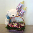 Floral Basket Arrangements with 1 20inches bear, 2 Balloons, 12 Roses & eustomas