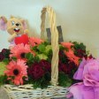Floral Basket Arrangements with 10 Gerberas, 6 Roses & Bear (5 inches)