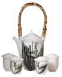 The Fine Bone Classic Black And White Teapot Sets Peacock Hand Painted Heliconia. Sets teapot c/w 4 cups hand painted with lid cover.